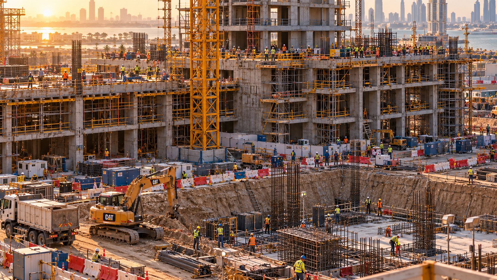 A large construction site in Dubai at sunset