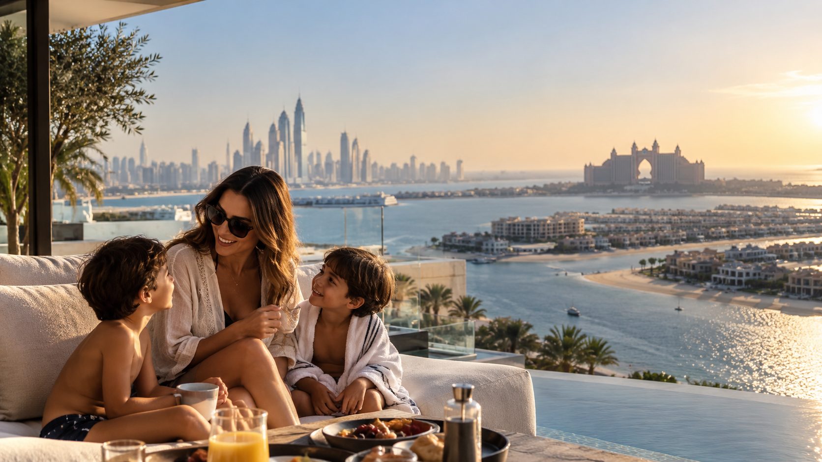A family on a terrace overlooking Palm Jumeirah and the Dubai Marina skyline