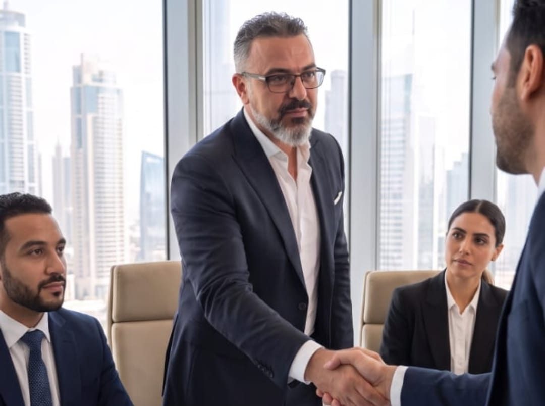 Sam Kamal Eddine shaking hands in a Dubai boardroom meeting